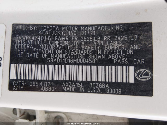 45216198 :رقم المزاد ، 58AD11D16MU004581 vin ، 2021 Lexus Es 250 مزاد بيع