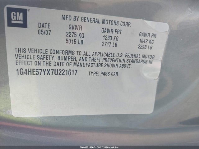Продажа на аукционе авто 2007 Buick Lucerne Cxs, vin: 1G4HE57YX7U221617, номер лота: 45216207