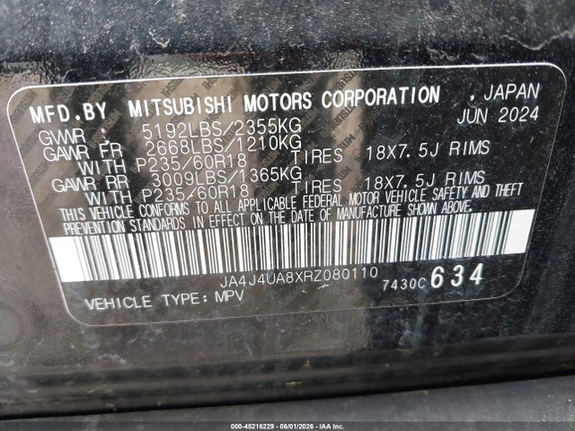 Aukcja sprzedaży 2024 Mitsubishi Outlander Es 2.5 S-awc, vin: JA4J4UA8XRZ080110, numer aukcji: 45216229