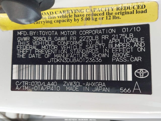 2010 Toyota Prius Iv მანქანა იყიდება აუქციონზე, vin: JTDKN3DU8A0123636, აუქციონის ნომერი: 45216234