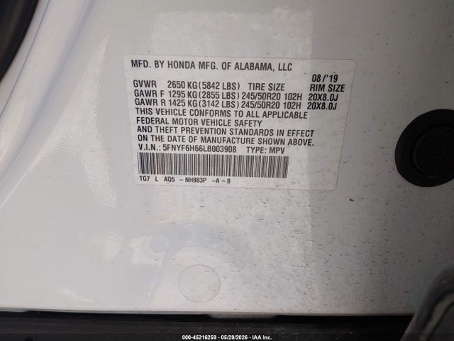 5FNYF6H66LB003908 Honda Pilot Awd Touring 7 Passenger