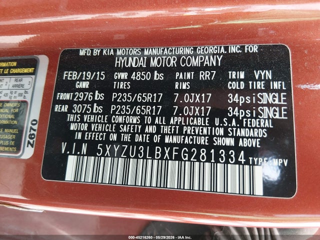 45216260 :رقم المزاد ، 5XYZU3LBXFG281334 vin ، 2015 Hyundai Santa Fe Sport 2.4l مزاد بيع