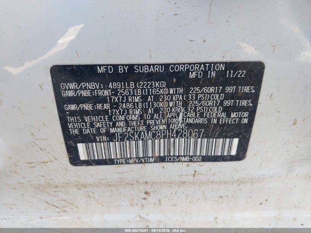 2023 Subaru Forester Wilderness მანქანა იყიდება აუქციონზე, vin: JF2SKAMC8PH428067, აუქციონის ნომერი: 45216261