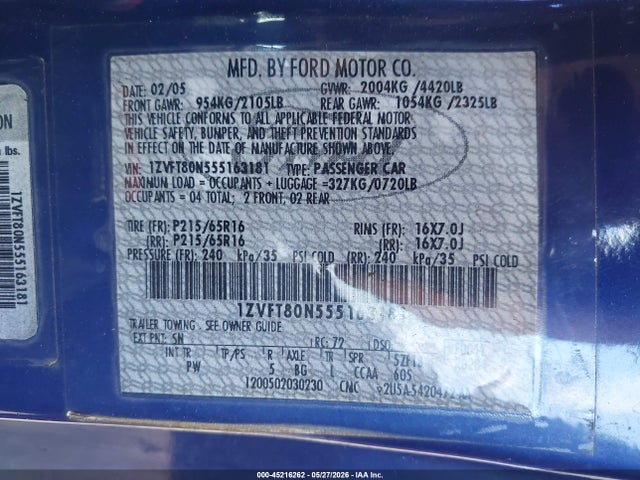 Продаж на аукціоні авто 2005 Ford Mustang V6 Deluxe/v6 Premium, vin: 1ZVFT80N555163181, номер лоту: 45216262