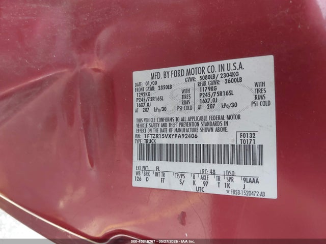 45216267 :رقم المزاد ، 1FTZR15VXYPA92406 vin ، 2000 Ford Ranger Xl/xlt مزاد بيع