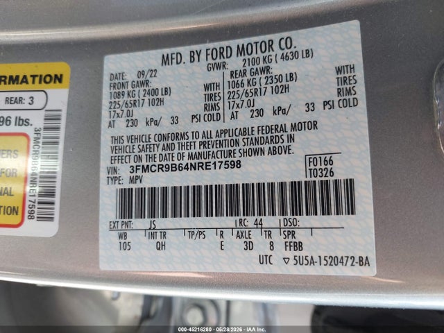 Aukcja sprzedaży 2022 Ford Bronco Sport Big Bend, vin: 3FMCR9B64NRE17598, numer aukcji: 45216280