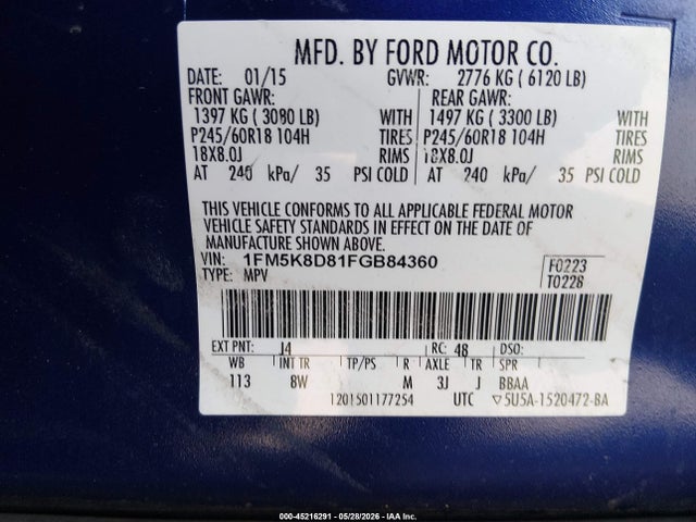 45216291 :رقم المزاد ، 1FM5K8D81FGB84360 vin ، 2015 Ford Explorer Xlt مزاد بيع