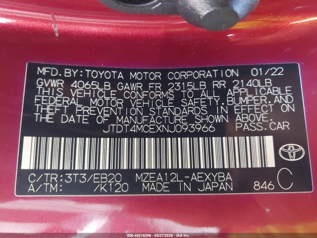 Продаж на аукціоні авто 2022 Toyota Corolla Xse, vin: JTDT4MCEXNJ093966, номер лоту: 45216296