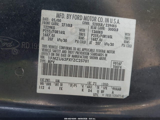 Aukcja sprzedaży 2000 Ford Explorer Xlt, vin: 1FMZU63PXYZC25701, numer aukcji: 45216305