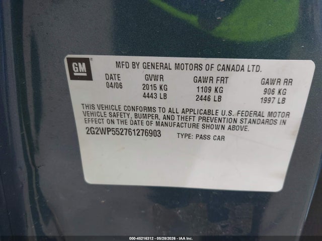 Продажа на аукционе авто 2006 Pontiac Grand Prix, vin: 2G2WP552761276903, номер лота: 45216312