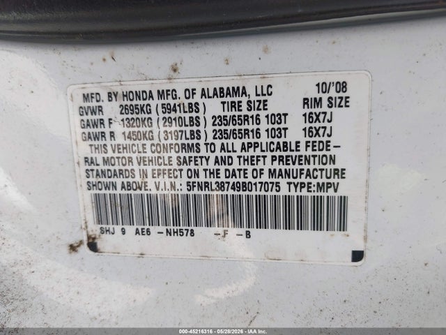 45216316 :رقم المزاد ، 5FNRL38749B017075 vin ، 2009 Honda Odyssey Ex-l مزاد بيع