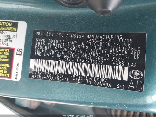 Aukcja sprzedaży 2010 Toyota Corolla Le, vin: 2T1BU4EE6AC316972, numer aukcji: 45216323