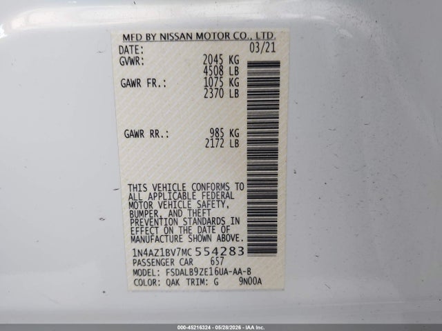 45216324 :رقم المزاد ، 1N4AZ1BV7MC554283 vin ، 2021 Nissan Leaf S 40 Kwh مزاد بيع