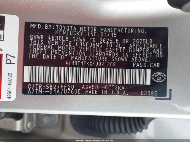 Продажа на аукционе авто 2015 Toyota Camry Se, vin: 4T1BF1FKXFU921368, номер лота: 45216326