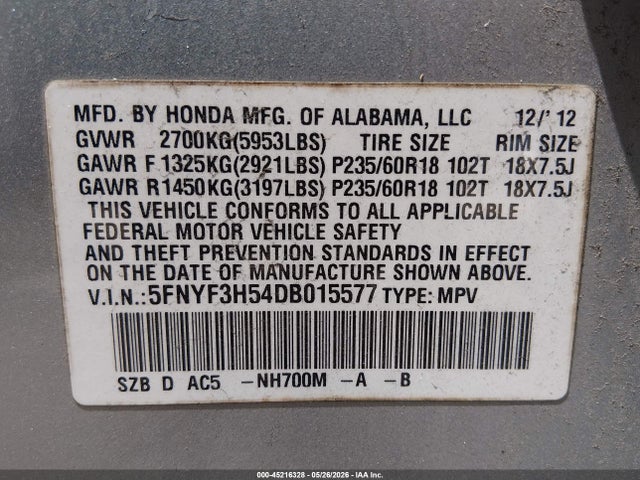 Продаж на аукціоні авто 2013 Honda Pilot Ex-l, vin: 5FNYF3H54DB015577, номер лоту: 45216328