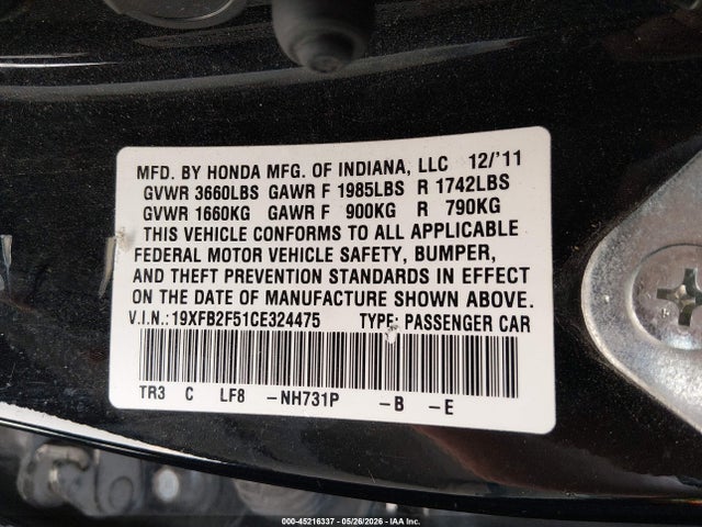 2012 Honda Civic Lx მანქანა იყიდება აუქციონზე, vin: 19XFB2F51CE324475, აუქციონის ნომერი: 45216337