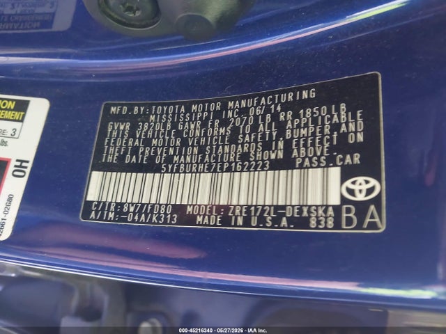 Aukcja sprzedaży 2014 Toyota Corolla S Plus, vin: 5YFBURHE7EP162223, numer aukcji: 45216340