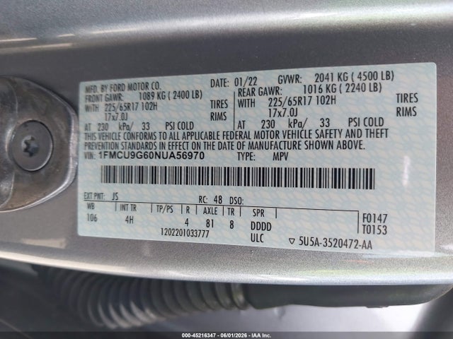 Aukcja sprzedaży 2022 Ford Escape Se, vin: 1FMCU9G60NUA56970, numer aukcji: 45216347