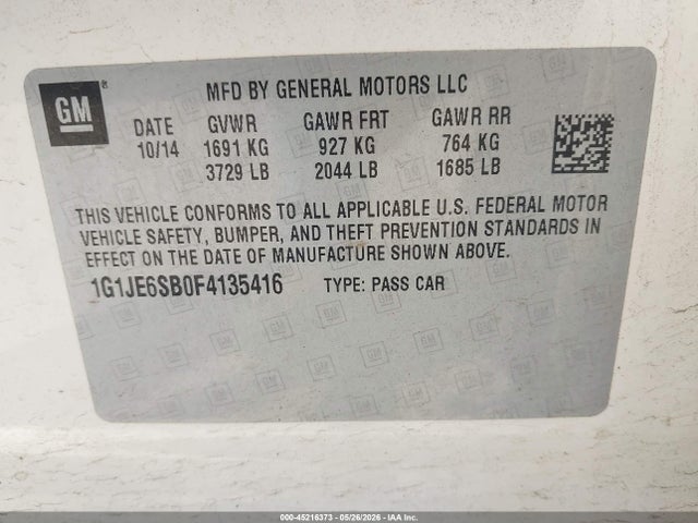 2015 Chevrolet Sonic Ltz Auto მანქანა იყიდება აუქციონზე, vin: 1G1JE6SB0F4135416, აუქციონის ნომერი: 45216373