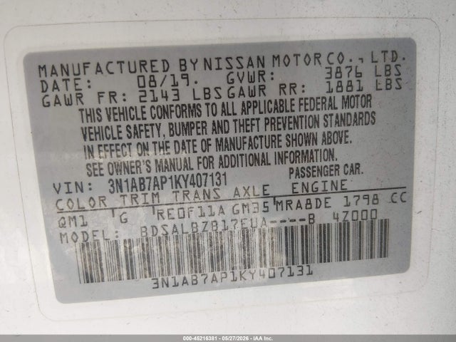 Nissan SENTRA S 2019 3N1AB7AP1KY407131 Image 9