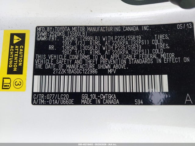 45216402 :رقم المزاد ، 2T2ZK1BA5DC122986 vin ، 2013 Lexus Rx 350 مزاد بيع