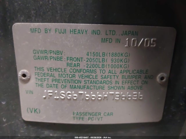 Aukcja sprzedaży 2006 Subaru Forester 2.5x Ll Bean, vin: JF1SG67666H736636, numer aukcji: 45216407