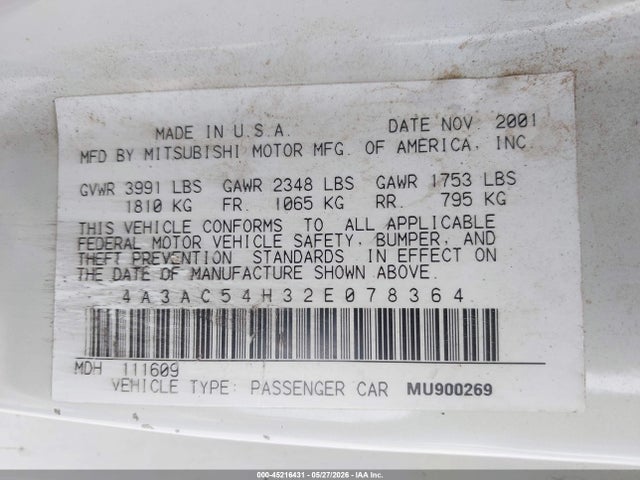 Продаж на аукціоні авто 2002 Mitsubishi Eclipse Gt/gt W/premium Pkg, vin: 4A3AC54H32E078364, номер лоту: 45216431
