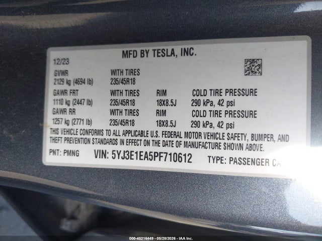 Aukcja sprzedaży 2023 Tesla Model 3 Rear-wheel Drive, vin: 5YJ3E1EA5PF710612, numer aukcji: 45216449