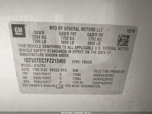 45216456 :رقم المزاد ، 1GTV2TEC7FZ213469 vin ، 2015 Gmc Sierra 1500 مزاد بيع