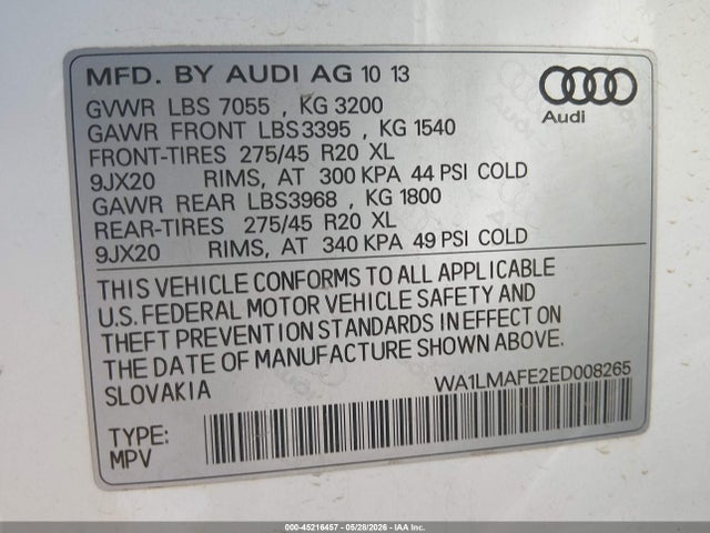 45216457 :رقم المزاد ، WA1LMAFE2ED008265 vin ، 2014 Audi Q7 3.0 Tdi Premium مزاد بيع