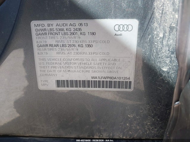 45216458 :رقم المزاد ، WA1LFAFP8DA101254 vin ، 2013 Audi Q5 2.0t Premium مزاد بيع