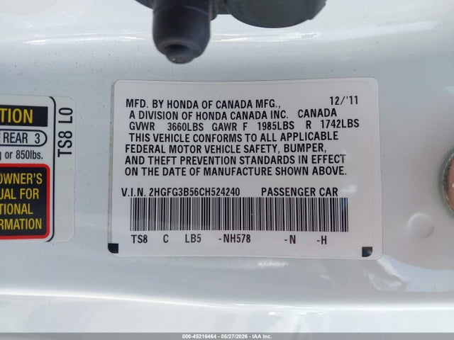 Aukcja sprzedaży 2012 Honda Civic Lx, vin: 2HGFG3B56CH524240, numer aukcji: 45216464