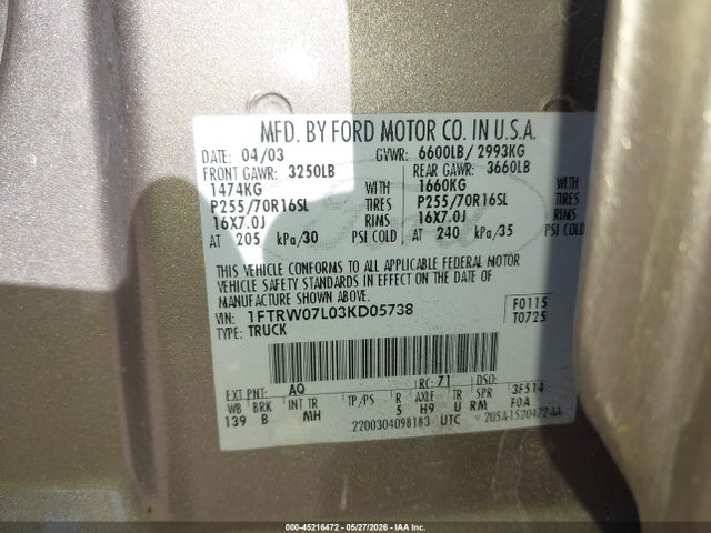 45216472 :رقم المزاد ، 1FTRW07L03KD05738 vin ، 2003 Ford F-150 Lariat/xlt مزاد بيع