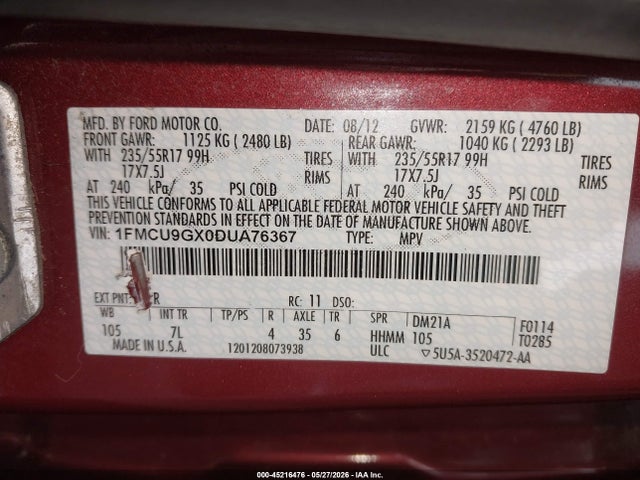 45216476 :رقم المزاد ، 1FMCU9GX0DUA76367 vin ، 2013 Ford Escape Se مزاد بيع