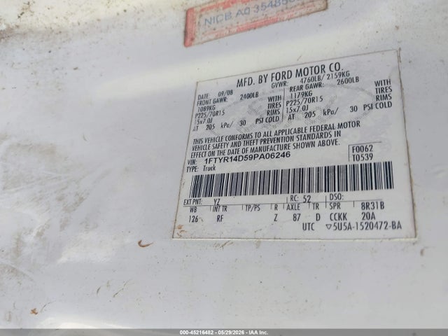 Aukcja sprzedaży 2009 Ford Ranger Xl/xlt, vin: 1FTYR14D59PA06246, numer aukcji: 45216482