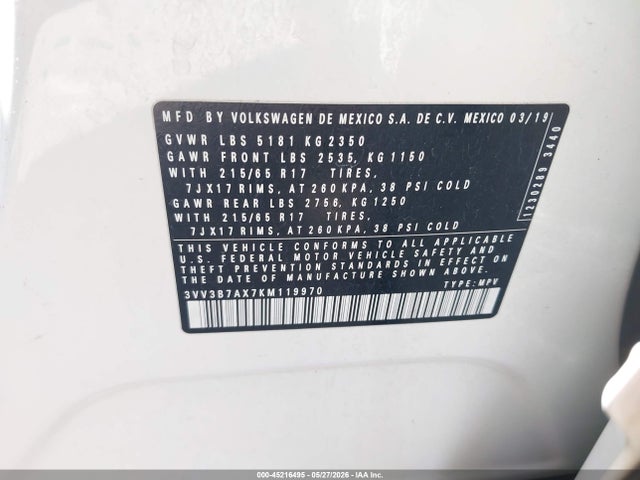 45216495 :رقم المزاد ، 3VV3B7AX7KM119970 vin ، 2019 Volkswagen Tiguan 2.0t Se/2.0t Sel/2.0t Sel R-line/2.0t Sel R-line Black مزاد بيع
