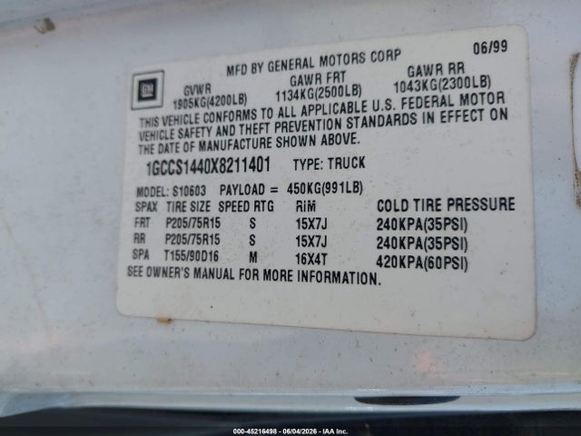 Aukcja sprzedaży 1999 Chevrolet S-10 Ls, vin: 1GCCS1440X8211401, numer aukcji: 45216498