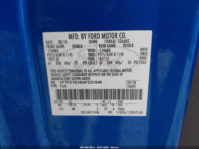 2010 Ford F-150 Fx4/lariat/xl/xlt მანქანა იყიდება აუქციონზე, vin: 1FTFX1EV6AFD21846, აუქციონის ნომერი: 45216512