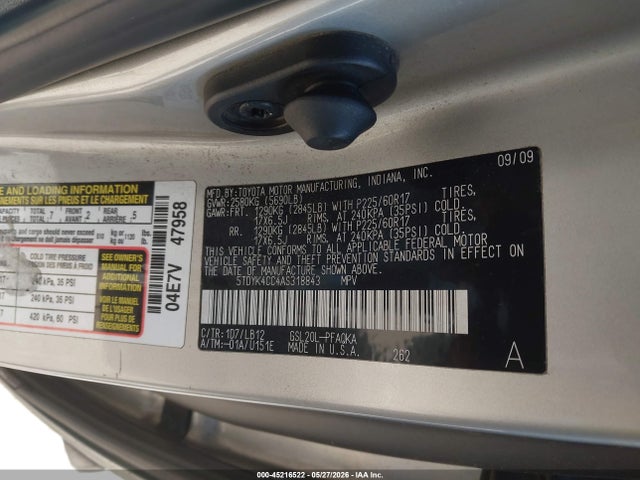 45216522 :رقم المزاد ، 5TDYK4CC4AS318843 vin ، 2010 Toyota Sienna Xle مزاد بيع