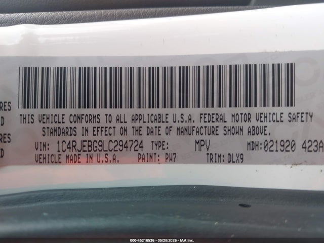 2020 Jeep Grand Cherokee Limited 4x2 მანქანა იყიდება აუქციონზე, vin: 1C4RJEBG9LC294724, აუქციონის ნომერი: 45216536