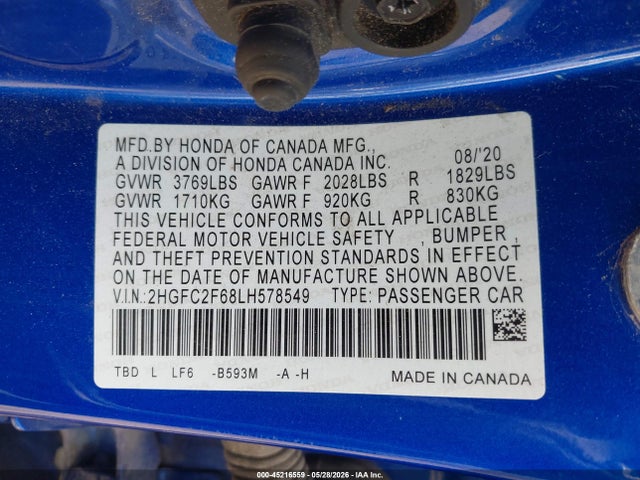 Honda Civic Lx 2020 2HGFC2F68LH578549 Image 9