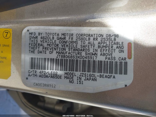 Продаж на аукціоні авто 1999 Lexus Gs 300, vin: JT8BD68S3X0045917, номер лоту: 45216565