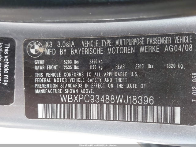 Auction sale of the 2008 Bmw X3 3.0si, vin: WBXPC93488WJ18396, lot number: 45216567