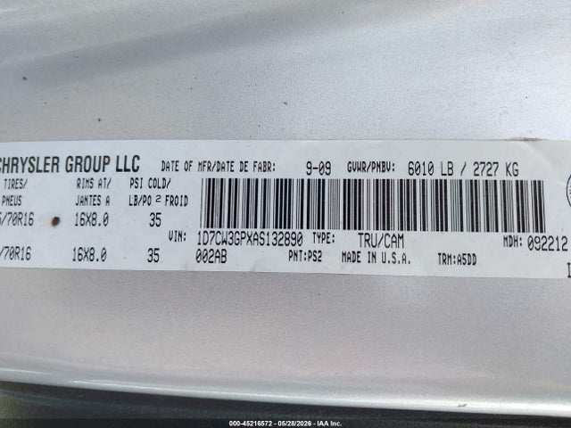 45216572 :رقم المزاد ، 1D7CW3GPXAS132890 vin ، 2010 Dodge Dakota Sxt مزاد بيع