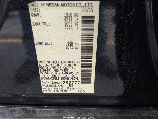 Aukcja sprzedaży 2015 Nissan Altima 2.5 S, vin: 1N4AL3APXFC292777, numer aukcji: 45216604
