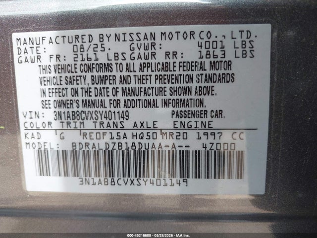 45216608 :رقم المزاد ، 3N1AB8CVXSY401149 vin ، 2025 Nissan Sentra Sv مزاد بيع
