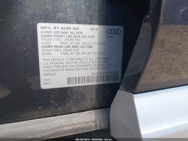 45216610 :رقم المزاد ، WA1BNAFY8J2210522 vin ، 2018 Audi Q5 2.0t Premium/2.0t Tech Premium مزاد بيع