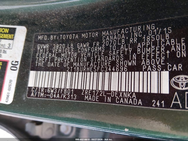 2015 Toyota Corolla Le მანქანა იყიდება აუქციონზე, vin: 2T1BURHE5FC344696, აუქციონის ნომერი: 45216615