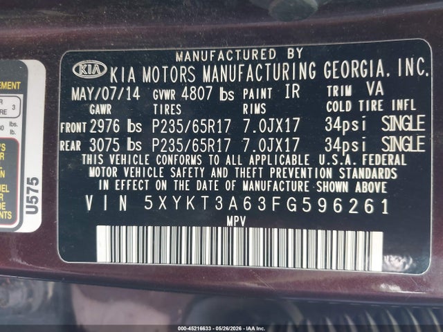 2015 Kia Sorento Lx მანქანა იყიდება აუქციონზე, vin: 5XYKT3A63FG596261, აუქციონის ნომერი: 45216633
