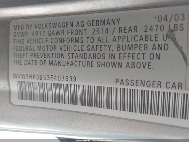 Aukcja sprzedaży 2003 Volkswagen Passat Glx, vin: WVWYH63B53E407699, numer aukcji: 45216639